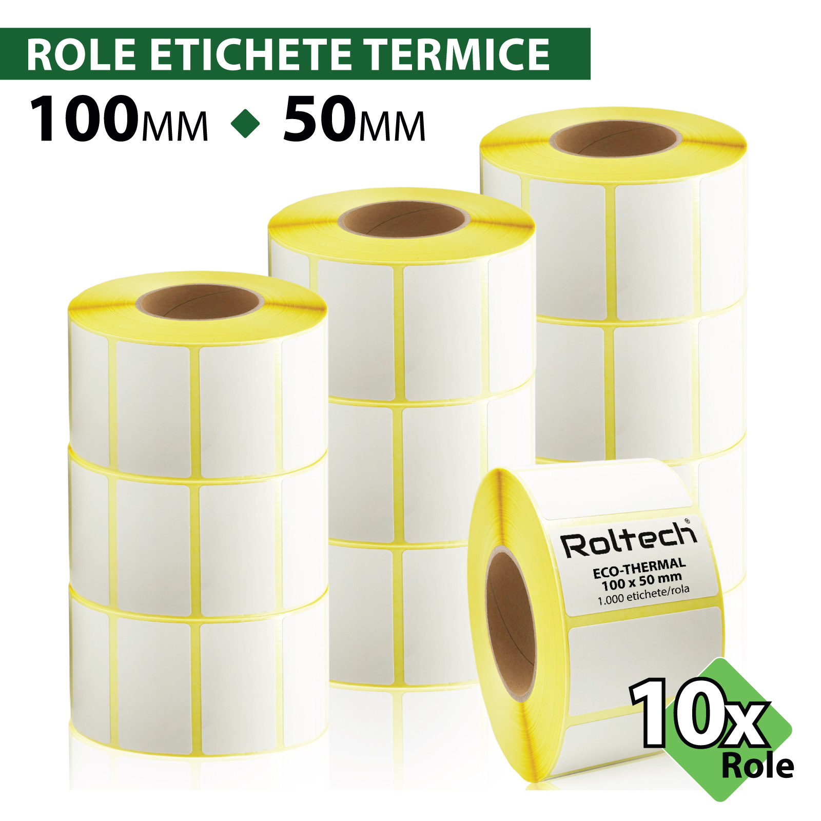 Rola etichete termice ROLTECH | 100x50mm | 1000 et./rola | tub 40mm | 10 role/pachet