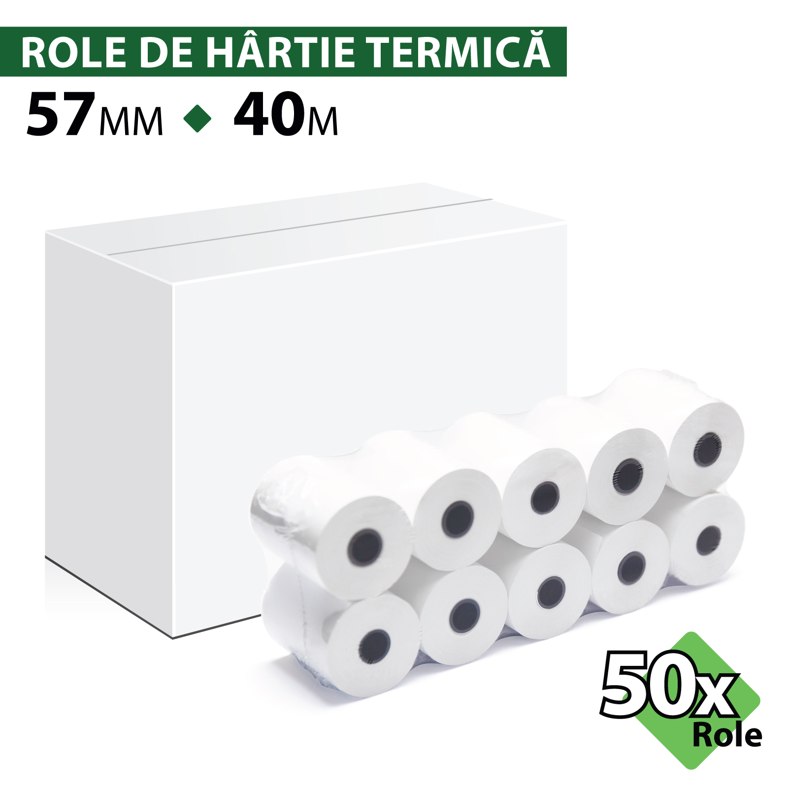 Rolă hârtie termică ROLTECH, 57mm x 40m, tub 12mm, 48g, 50 role/cutie