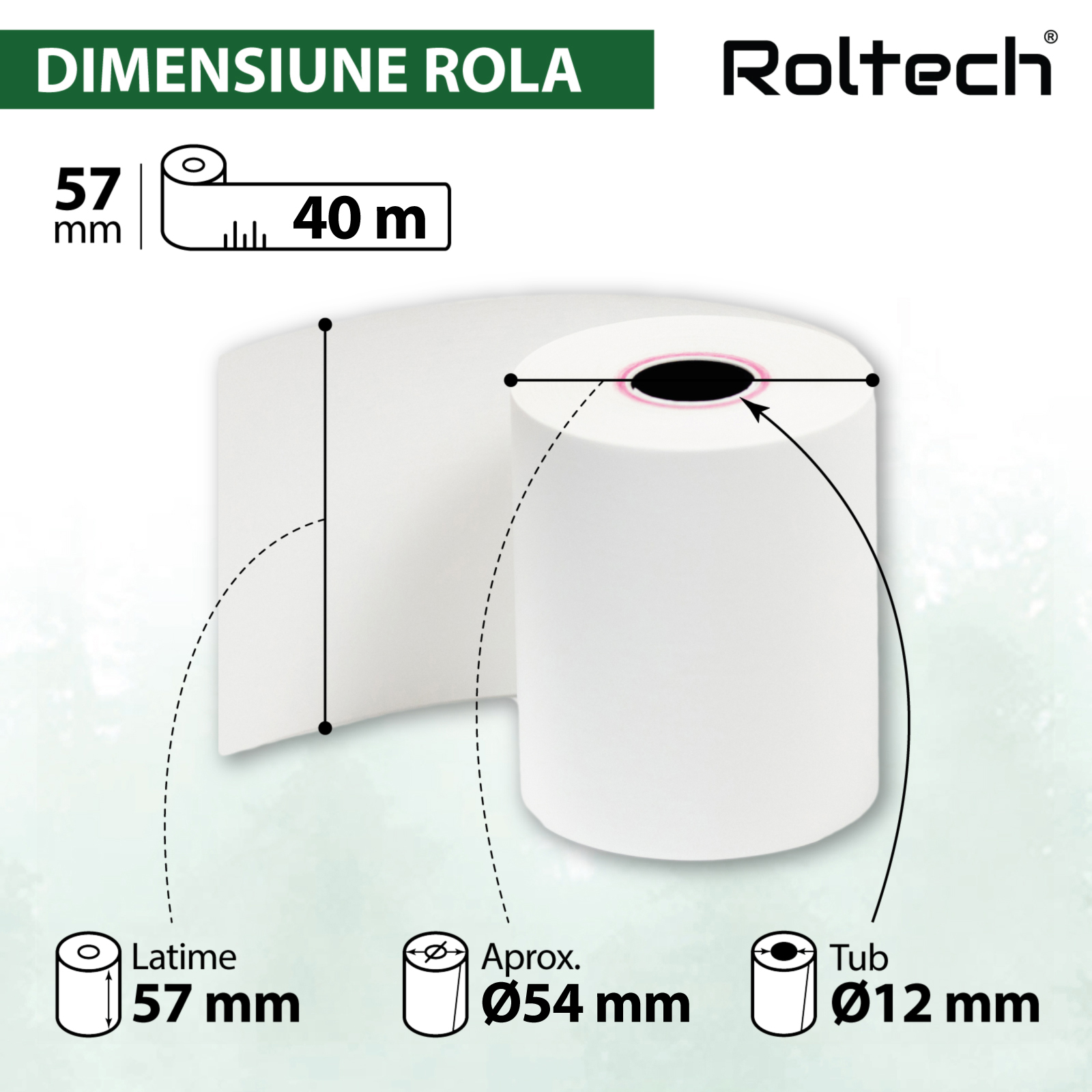 Rolă hârtie termică ROLTECH, 57mm x 40m, tub 12mm, 48g, 50 role/cutie – imagine 2