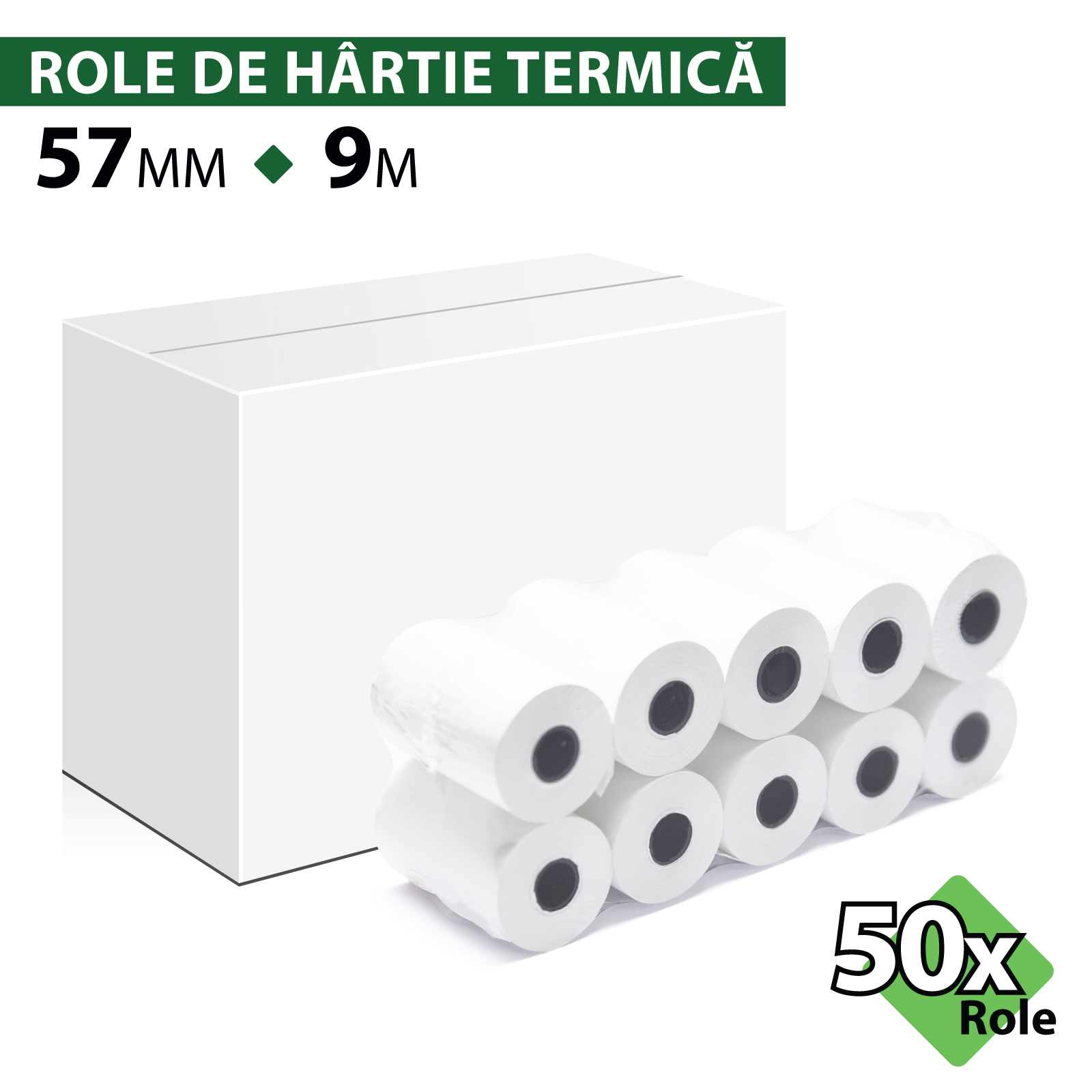 Rolă hârtie termică ROLTECH, 57mm x 9m, tub 12mm, 48g, 50 role/cutie