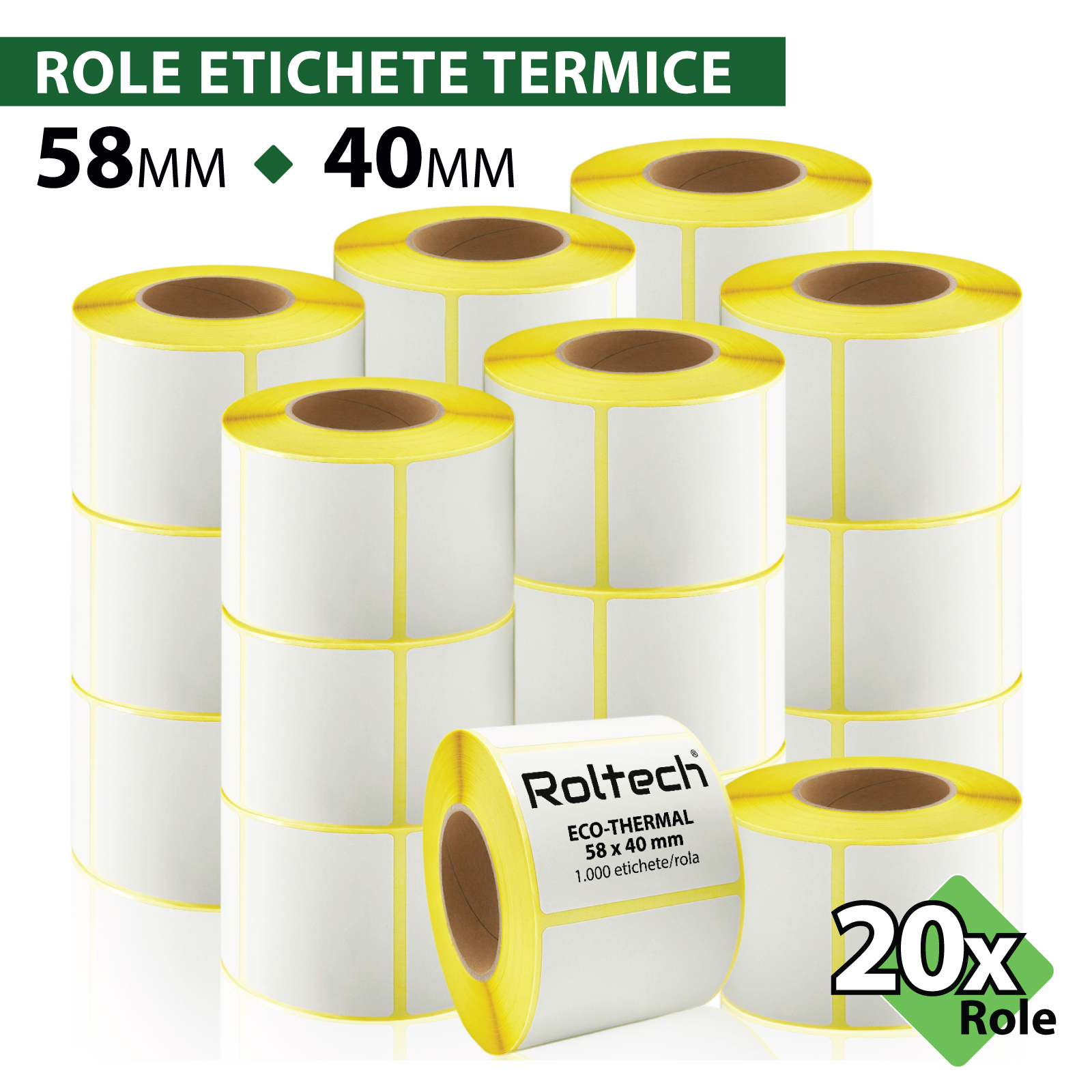 Rola etichete termice ROLTECH | 58x40mm | 1000 et./rola | 20 role/cutie