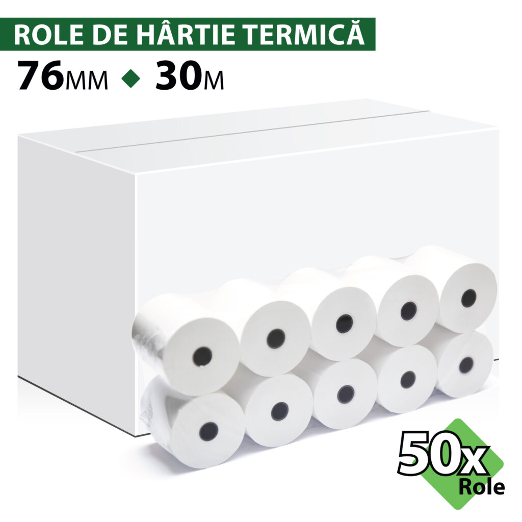 Rolă hârtie termică ROLTECH, 76mm x 30m, tub 12mm, 48g, 50 role/cutie
