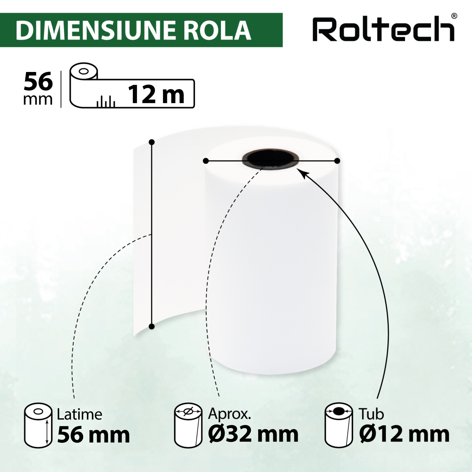 Rolă hârtie termică ROLTECH, 56mm x 12m, tub 12mm, 48g, 50 role/cutie