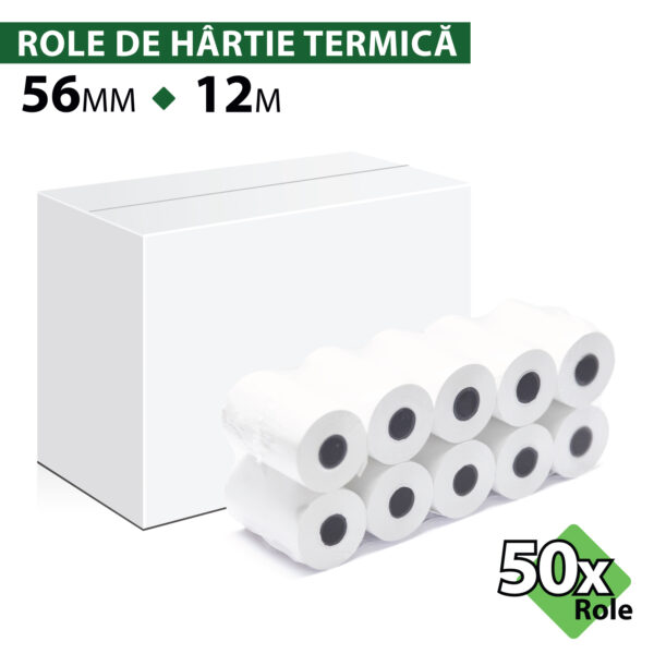 Rolă hârtie termică ROLTECH, 56mm x 12m, tub 12mm, 48g, 50 role/cutie