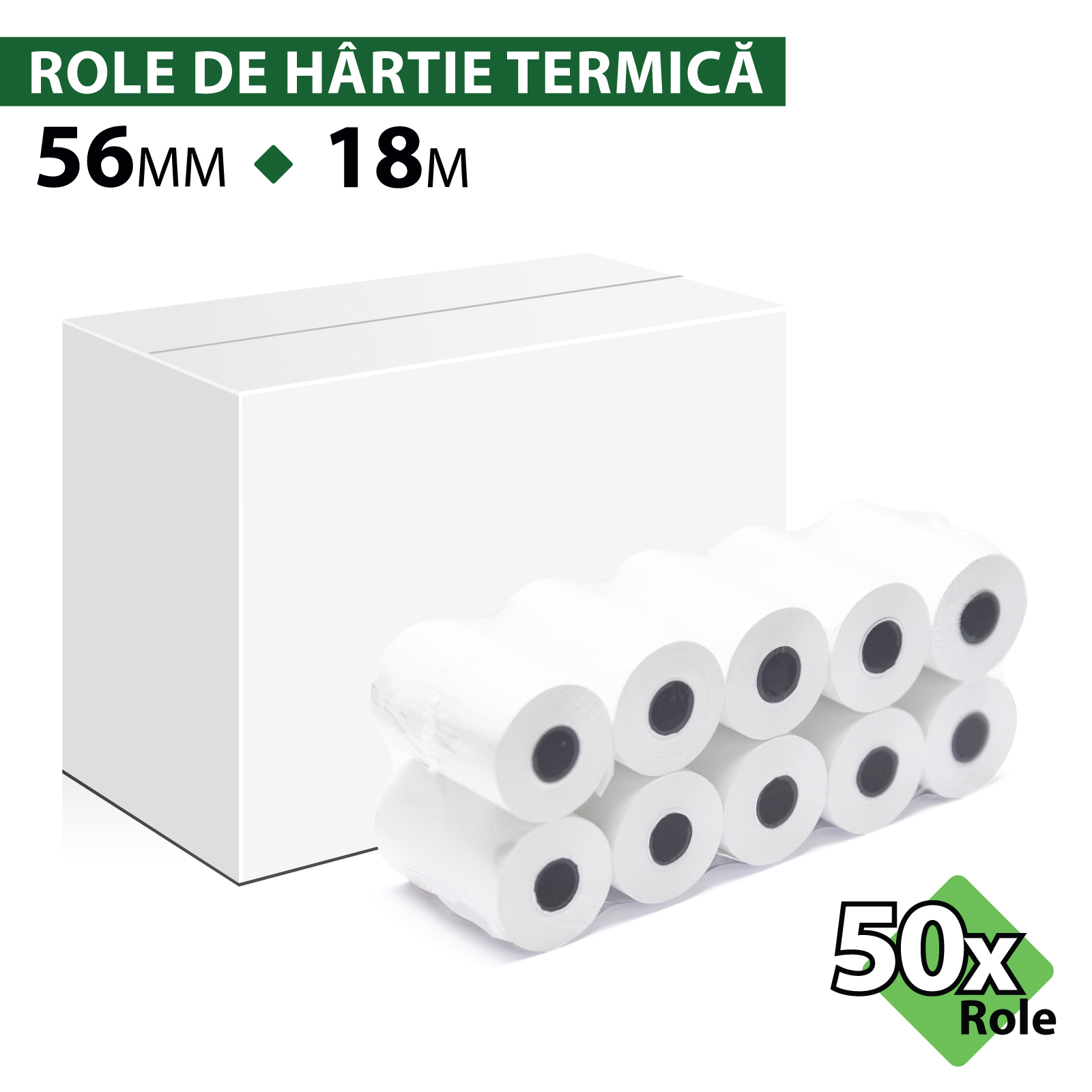 Rolă hârtie termică ROLTECH, 56mm x 18m, tub 12mm, 48g, 50 role/cutie