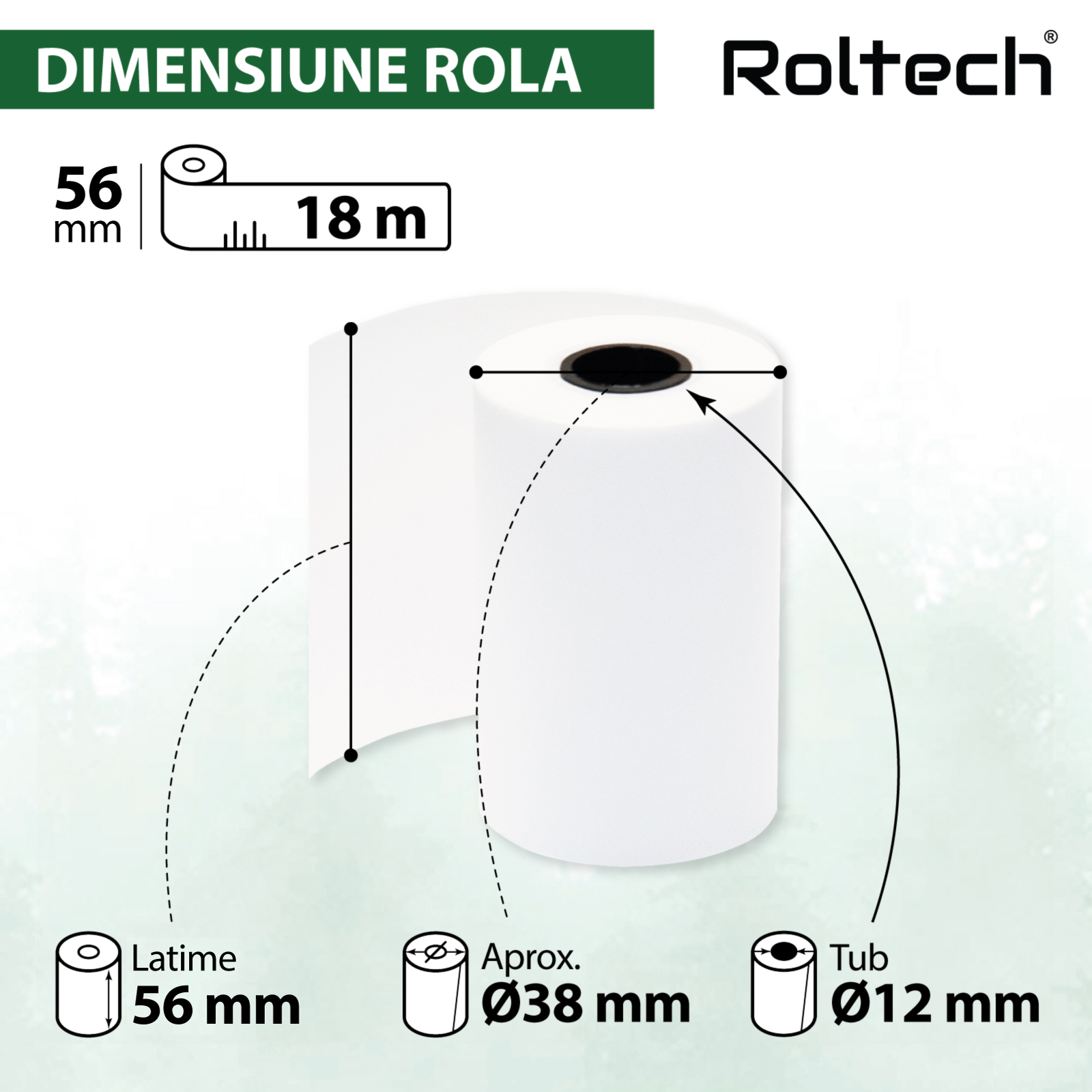 Rolă hârtie termică ROLTECH, 56mm x 18m, tub 12mm, 48g, 50 role/cutie