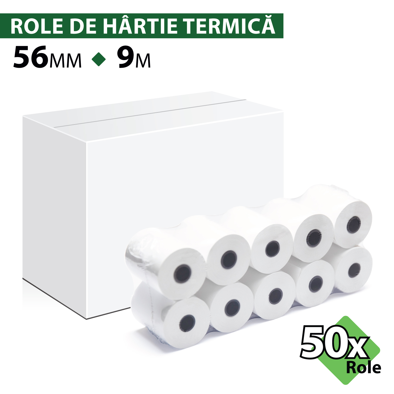 Rolă hârtie termică ROLTECH, 56mm x 9m, tub 12mm, 48g, 50 role/cutie