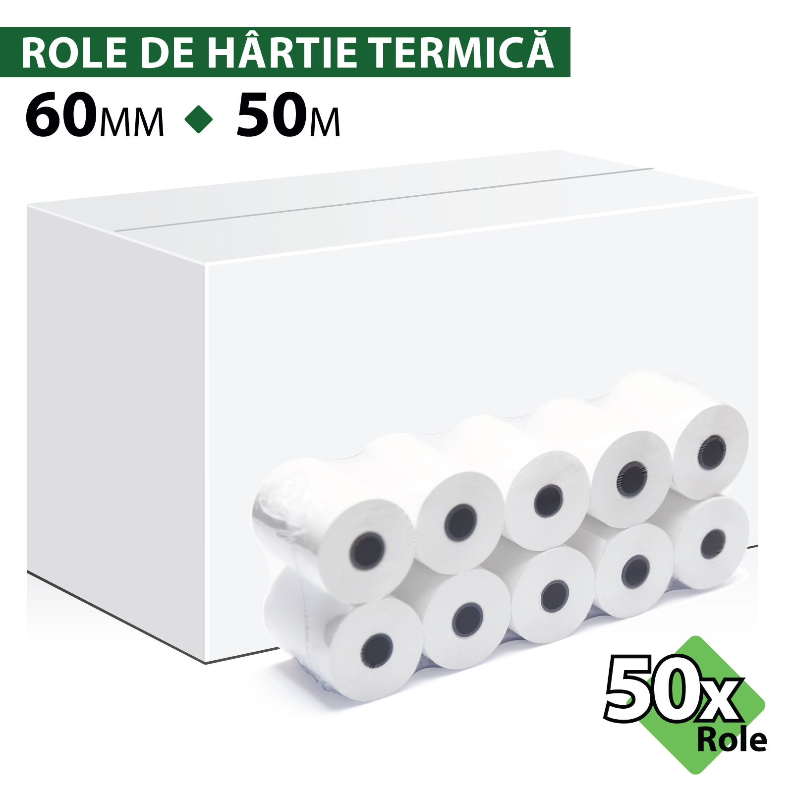 Rolă hârtie termică ROLTECH, 60mm x 50m, tub 12mm, 48g, 50 role/cutie