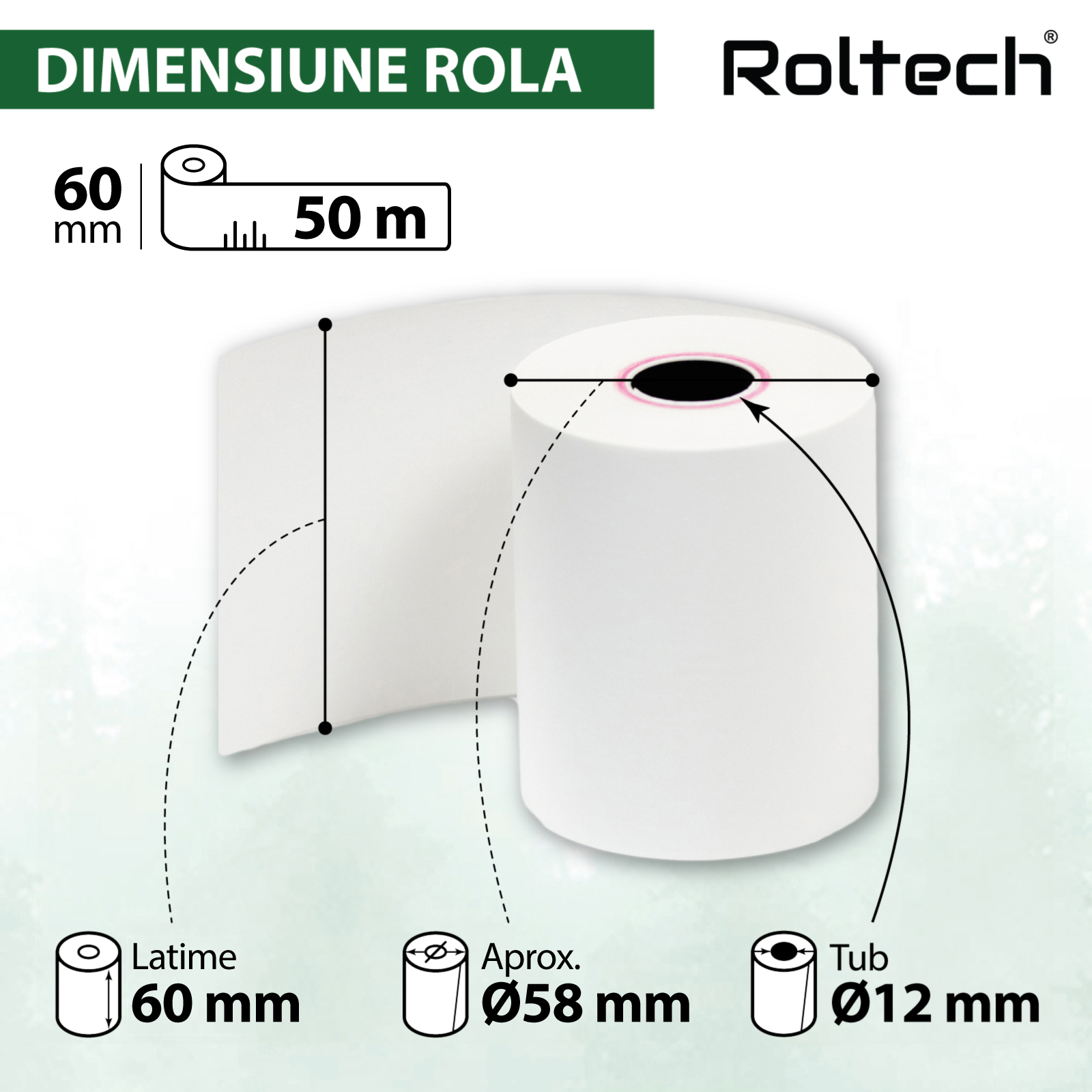 Rolă hârtie termică ROLTECH, 60mm x 50m, tub 12mm, 48g, 50 role/cutie – imagine 2